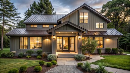 Rustic meets modernity in this serene grey farmhouse exterior featuring a sleek glass-enclosed front door and lush green surroundings.