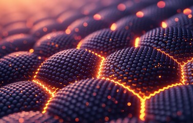 Fototapeta premium Abstract Close-Up of Glowing Hexagonal Patterns with Vibrant Orange and Purple Lighting Effects