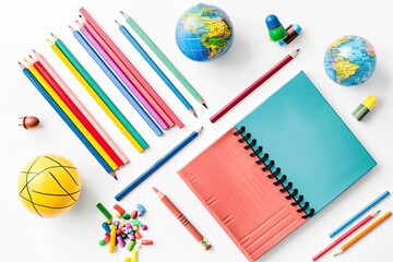 Naklejka premium Colorful school supplies arranged on a white background, including pencils, a notebook, erasers, globes, and a ball.