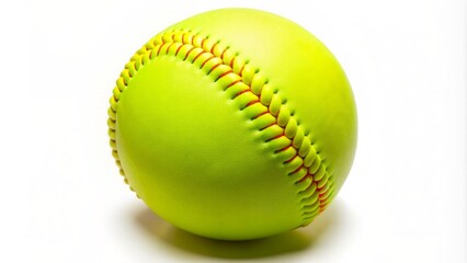 Brightly colored vibrant fluorescent neon yellow softball with slight texture and subtle shadows isolated on a pure white background.