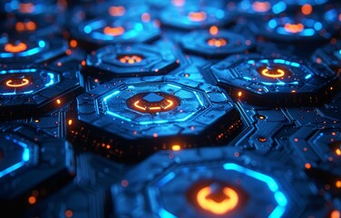 Obraz premium Futuristic Circuit Board with Glowing Blue and Orange Lights in a High-Tech Environment