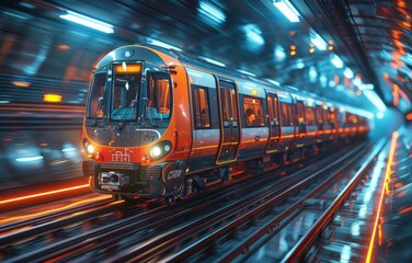 Fototapeta premium High-Speed Modern Train in a Futuristic Underground Tunnel with Vibrant Neon Lights