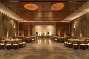 A large banquet hall with tables and chairs set up for a large event