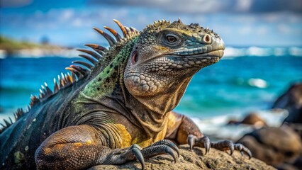 Fototapeta premium Majestic marine iguana, a large reptile, basks in the sun on rocky shores of tropical Galapagos islands, showcasing its scaly skin.