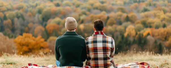 Two people sitting on a blanket in the autumn forest, looking out at the view.