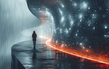 Naklejka premium Futuristic Urban Scene with Person Walking Along a Curved Pathway Illuminated by Neon Lights and Digital Patterns