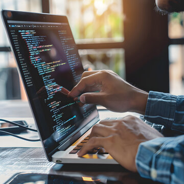 Closeup of a software developer writing code on his laptop while working on a project