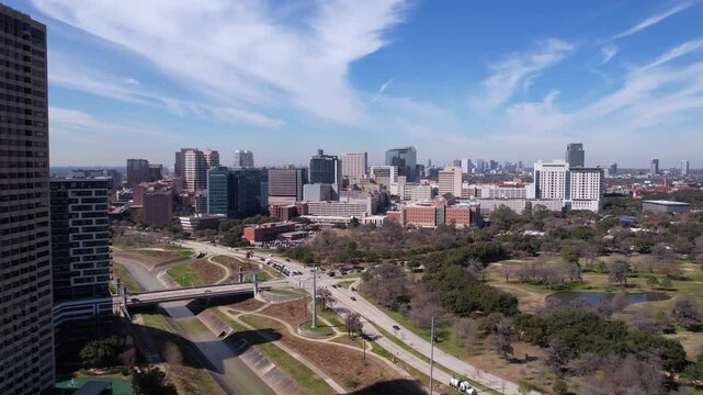 Aerial View of Hermann Park and Medical Center Area of Houston, Texas USA, Drone Shot
