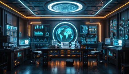 Obraz premium A futuristic AI powered workspace with holographic screens and automated devices, minimalistic design, Blue neon highlights, Sleek and modern