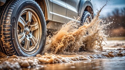Mud and Water Tire Blur: A close-up of a car tire driving through muddy and flooded terrain.
