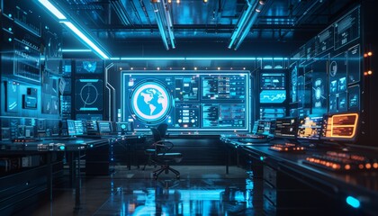 Fototapeta premium A futuristic AI powered workspace with holographic screens and automated devices, minimalistic design, Blue neon highlights, Sleek and modern