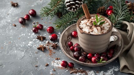 Hot cocoa winter accessories cranberries and herbs on gray backdrop