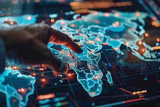 Compliance officer implementing global anti-money laundering protocols using digital world map interface