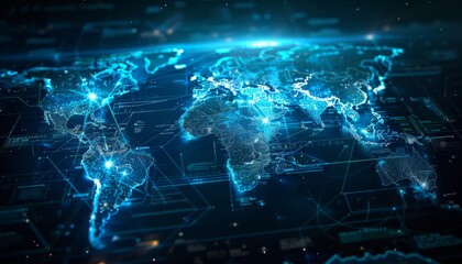 World map with glowing holographic continents futuristic blue tones digital rendering details showing technological connections between countries