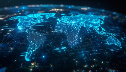 World map with glowing holographic continents futuristic blue tones digital rendering details showing technological connections between countries