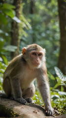a monkey sitting on a rock in the woods