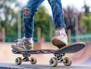 close up young girl performs a kickflip on her skateboard at a vibrant skatepark. Her ripped jeans and white sneakers add to the casual, energetic atmosphere of the scene.