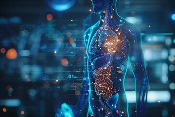 A closeup of endocrine system anatomy with Glow HUD big Icon of hormone regulation