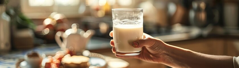 A human hand holding a clear glass of milk with condensation, in front of a cozy kitchen with a blurry background of a table set for breakfast