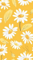 White Daisies and Yellow Leaves Pattern Wallpaper