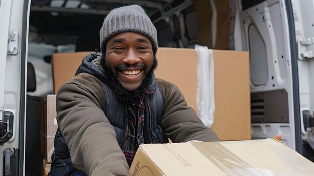 Happy manual worker unloading cardboard boxes from delivery van. 