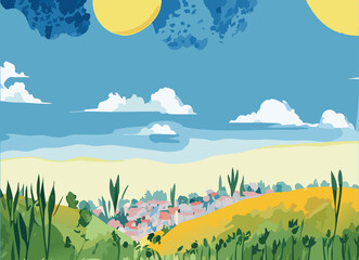 Obraz premium 水彩,絵の具,街並み,田舎,手書き,癒し,風景, 家, むら, 空, ベクター, ファーム, サマータイム, 自然, 木, 緑, 草, 国, 野原, イラスト, くつろいで, ルーラル, ビル, ヒル, いなか, 建築, 山, 古い, 木, manga, カストレ牧場, 猫, 犬,レトロ,農場,野外フェスティバル,サンダルウッド,リラクゼーション,マッサージ,アロマセラピー,自然療法,森林浴,リラ