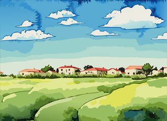 水彩,絵の具,街並み,田舎,手書き,癒し,風景, 家, むら, 空, ベクター, ファーム, サマータイム, 自然, 木, 緑, 草, 国, 野原, イラスト, くつろいで, ルーラル, ビル, ヒル, いなか, 建築, 山, 古い, 木, manga, カストレ牧場, 猫, 犬,レトロ,農場,野外フェスティバル,サンダルウッド,リラクゼーション,マッサージ,アロマセラピー,自然療法,森林浴,リラ