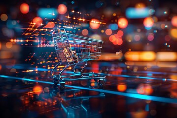 Business concept of economic growth through ecommerce and digital marketing, depicted in 3D styles with a hitech HUD hologram and a sharpen banner with copy space