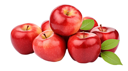 a group of red apples with green leaves