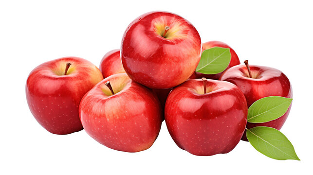 a group of red apples with green leaves