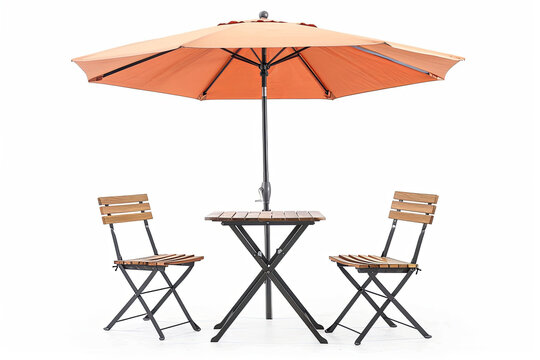 Cafe table with chair and parasol umbrella on white background