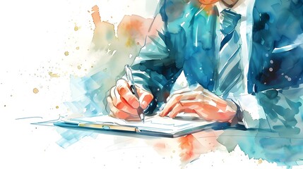 Businessperson Writing Notes in Planner on White Watercolor Background