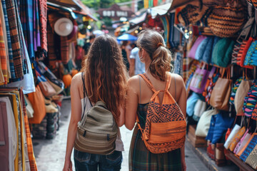 Two friends exploring a busy local market in southeast asia