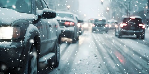 Snowstorm brings chaos to city streets as drivers struggle with congested roads. Concept Winter Storm Traffic, City Chaos, Driving Struggles, Snowy Roads, Public Safety,