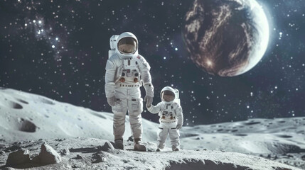 Obraz premium Two astronauts stand on the moon’s surface with a stunning view of a grand celestial body in the background, symbolizing space exploration and discovery.