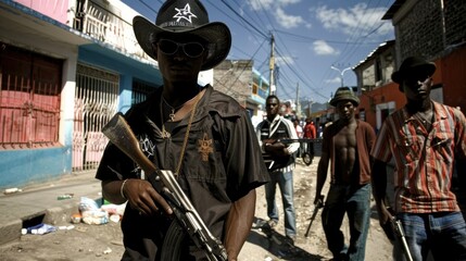 Naklejka premium Armed men on urban street.