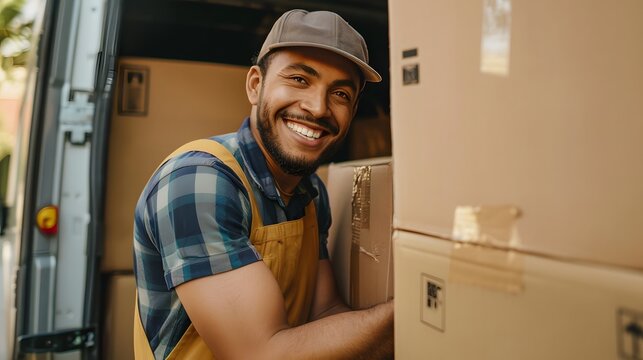 Happy manual worker unloading cardboard boxes from delivery van. 