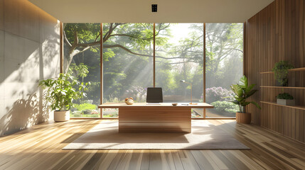 Fototapeta premium Modern hot desk office with natural lights shining in, company workspace