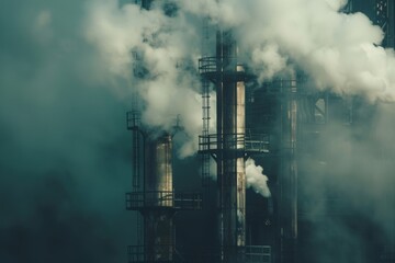 A smokestack in a power plant emits a large amount of steam. Industrial image showing the process of generating energy using steam.