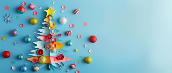 Creative paper art of a festive Christmas tree adorned with colorful ornaments, capturing the essence of holiday cheer, in a minimal style, banner sharpen with copy space