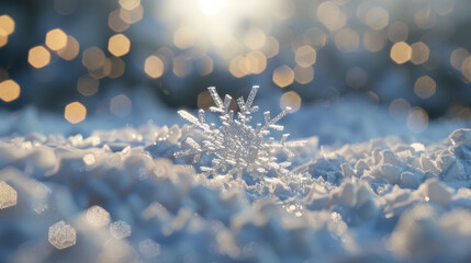 A delicate snowflake rests on a bed of glistening snow with golden bokeh lights creating a magical winter wonderland ambiance in the background.