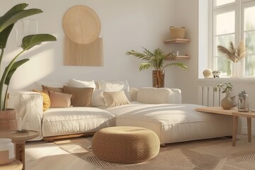 Fototapeta premium Chic Scandinavian Living Space: Natural Decorating Material and Color Scheme with Daylight Home Interior Design Background, Concept Living Room Mockup for Cozy Atmosphere