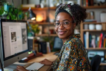 Fototapeta premium A woman is sitting at a desk and working on a laptop