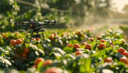 AI-driven agriculture with drones and robotic arms sunny day realistic high tech vibrant colors