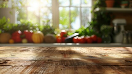 Fototapeta premium Empty rustic wooden table in a sunlit kitchen with fresh vegetables blurred in the background.