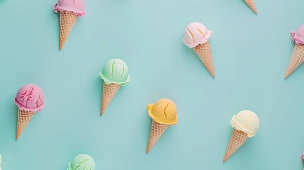 Colorful Ice Cream Cones on a Blue Background