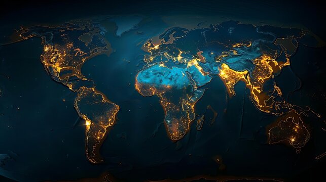 A detailed, illuminated map of the world at night showing city lights and population density, highlighting urban areas and global geography.