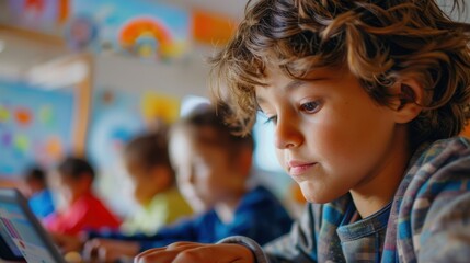 A young boy intently using a tablet in a colorful classroom setting, demonstrating focus and modern education technology.