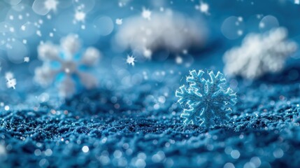 Detailed macro photograph of sparkling snowflakes on a blue background, capturing the intricate and delicate beauty of winter.
