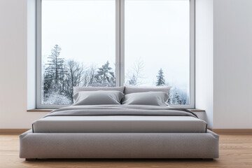 Obraz premium Luxurious master bedroom with a big window filling the room with natural light. Luxury residential real estate composition in neutral colors.